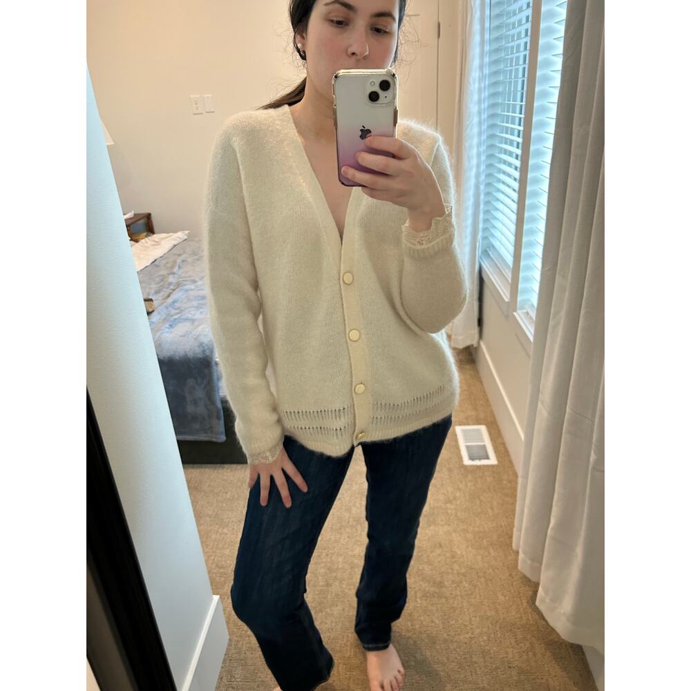 Sezane Cream V neck cardigan lace detail kid mohair / merino wool Sz L - EUC - Picture 2 of 10